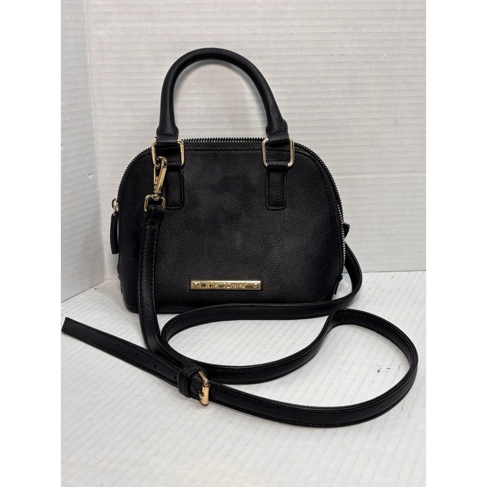 Betsey Johnson Black Satchel Crossbody Bag Gold Logo Floral Lining Top Handle
